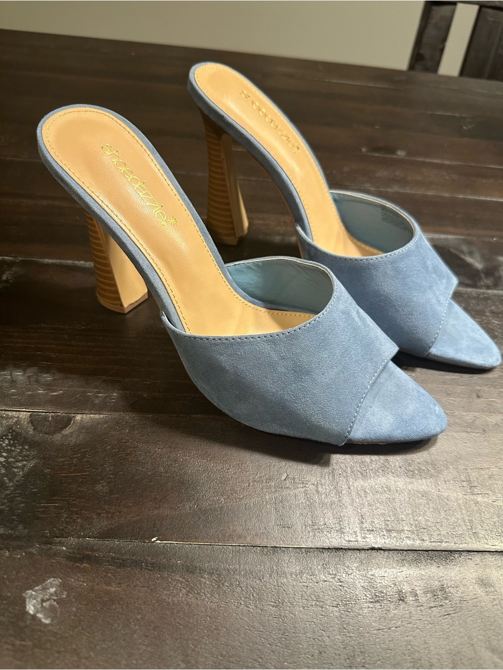 Shoe Dazzle Light Blue Suede Heeled Mules